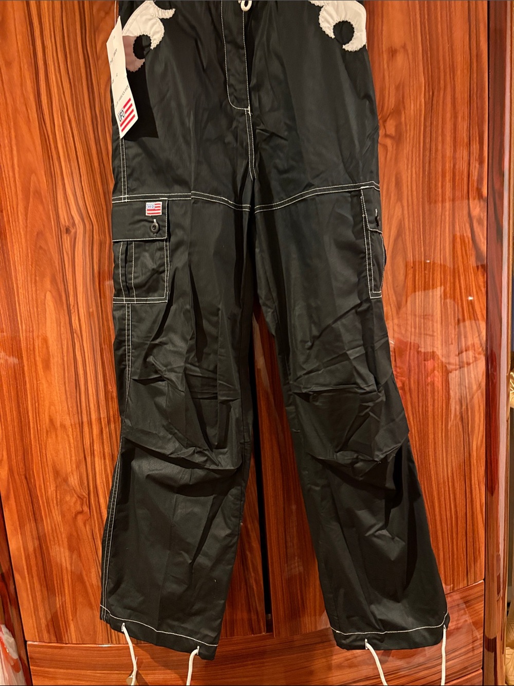 Men's Black Cargo Pants with Contrast Stitching and Flag Patch